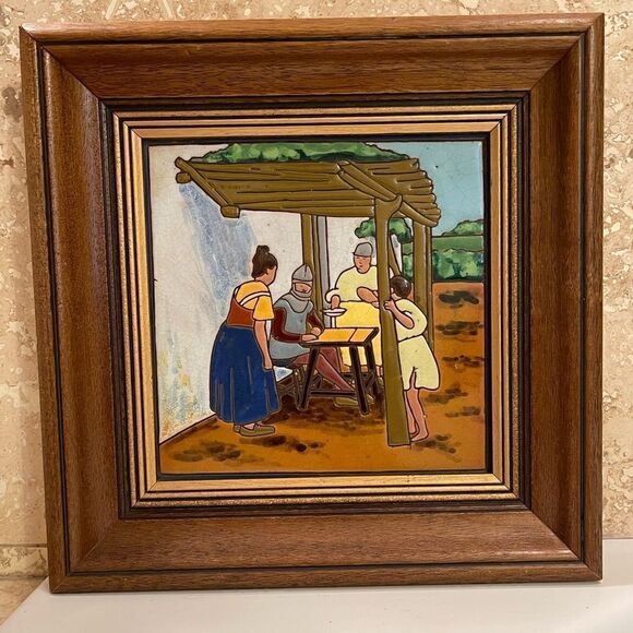 Antique Don Quixote Scene 8” Enameled Clay 8” Square Tiles Custom Framed - Picture 2 of 16